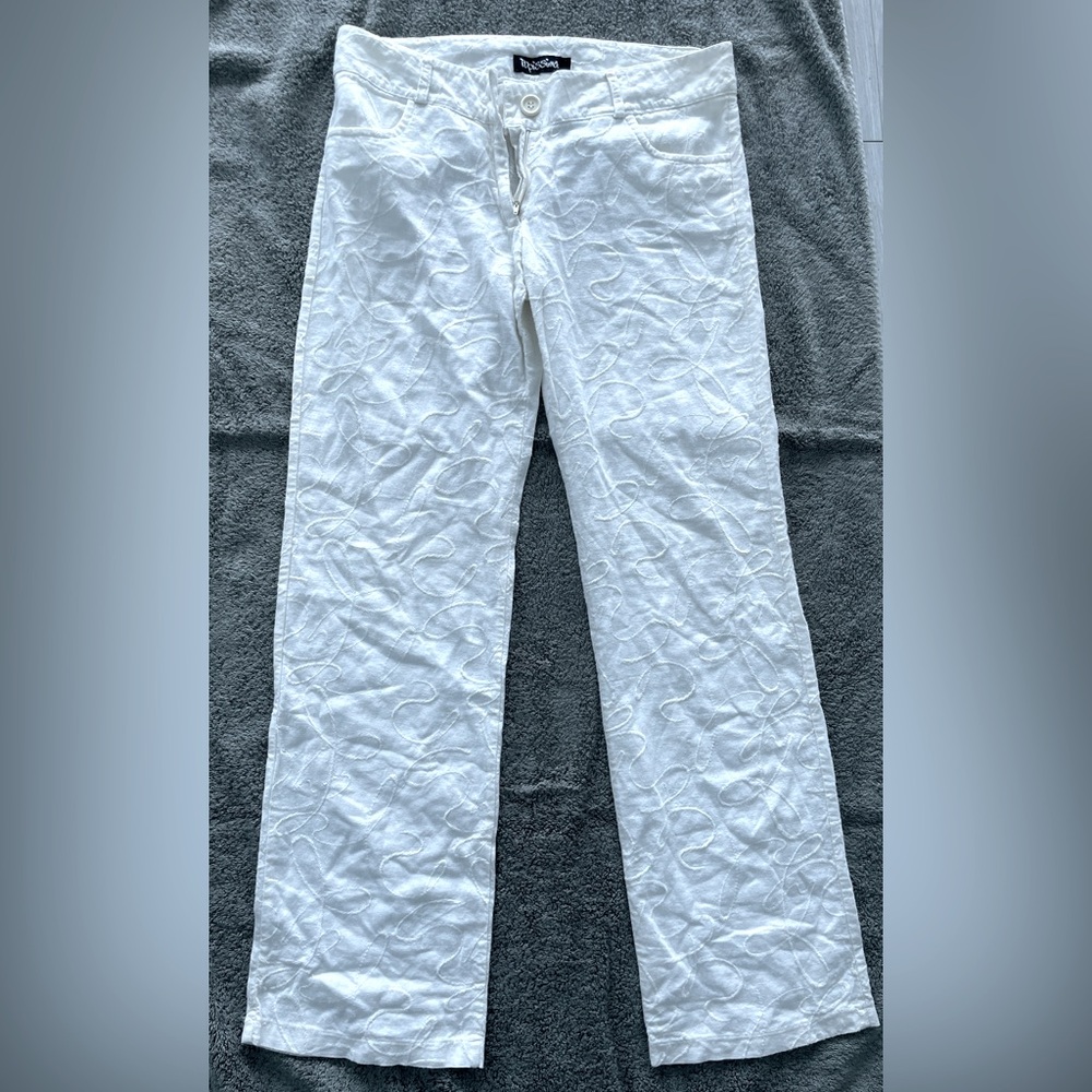Topissima. Women white 4 pockets straight pants Mid-Rise Linen Blend.